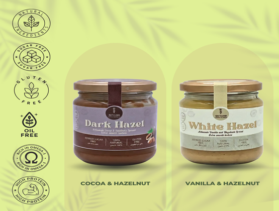 Pots de pâte à tartiner Eat Clean Dark Hazel et White Hazel, accompagnés de pictogrammes indiquant naturalité, sans sucre, sans gluten, sans huile, oméga 3 et protéines.