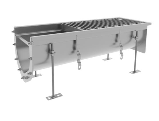 Caniveau industriel en acier inoxydable avec grille, conçu pour l’évacuation et l’hygiène des sols en agroalimentaire.
