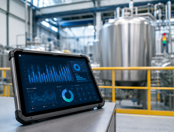 Tablette industrielle affichant des données de production dans une usine équipée de cuves en acier inoxydable.