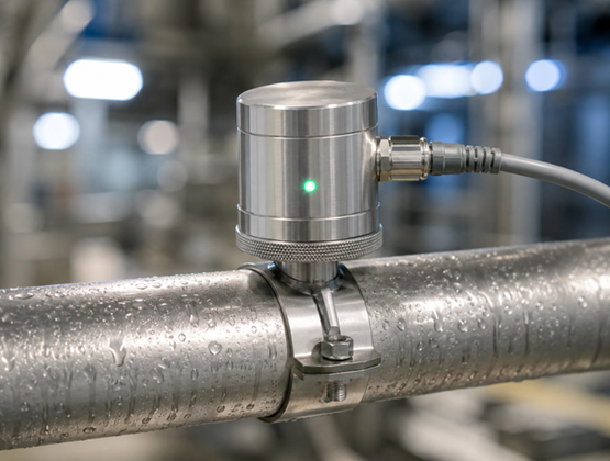 Capteur métallique installé sur une conduite industrielle en acier inoxydable.