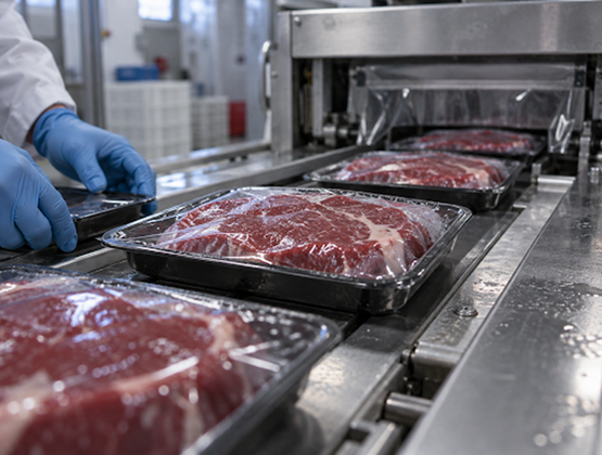 Barquettes de viande rouge fraîche sous film circulant sur une ligne industrielle de conditionnement.