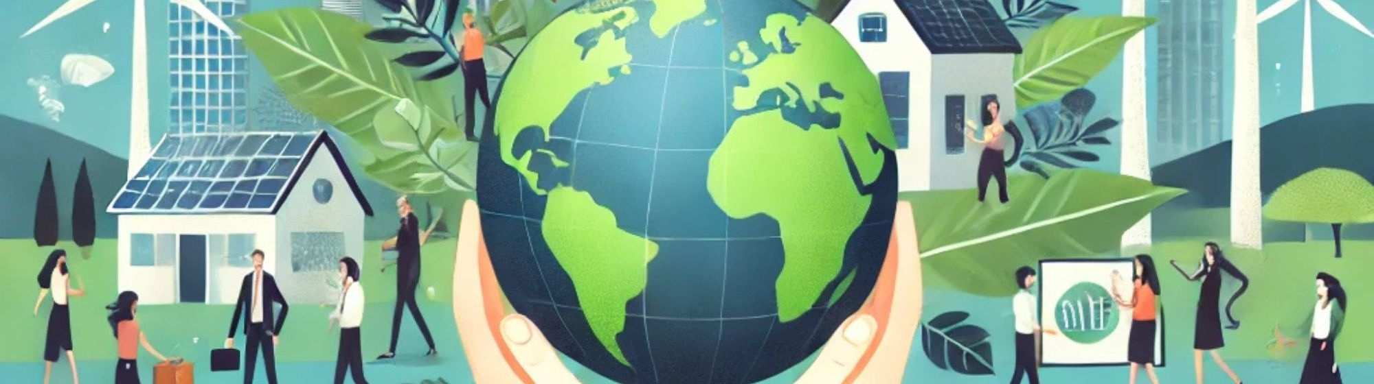 Illustration depicting sustainability with a globe in hands surrounded by renewable energy sources, eco-friendly buildings, and people engaging in sustainable activities.