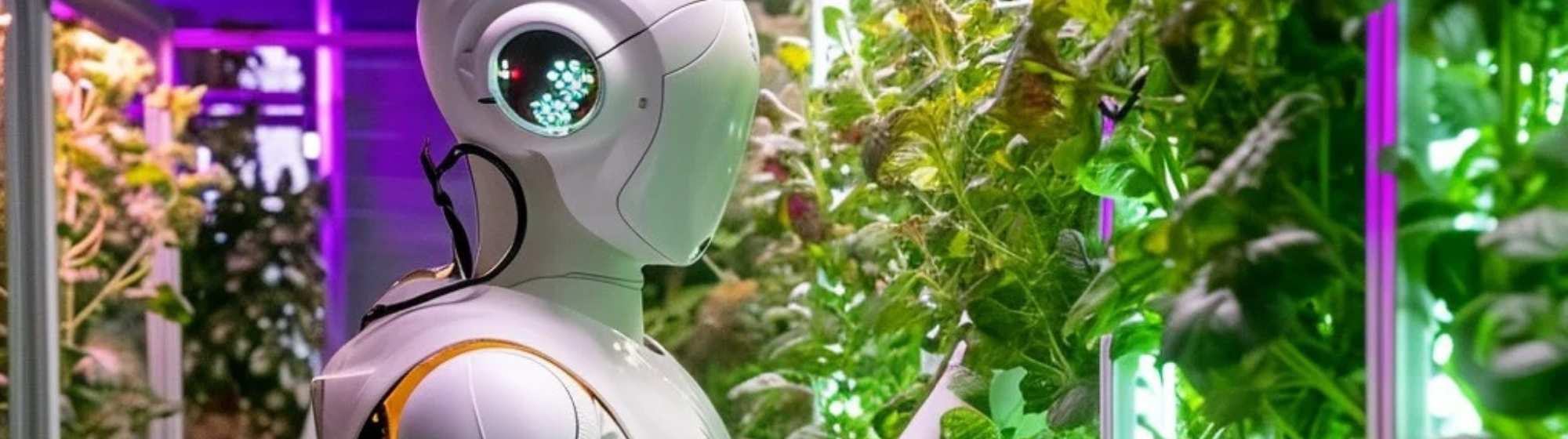 Smart robot observing plants in a vertical farming system under artificial lighting.