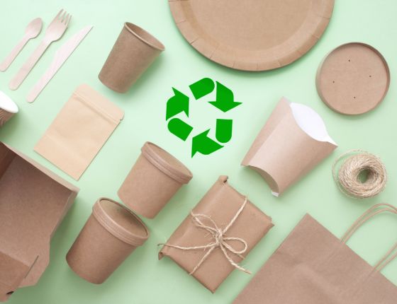 Emballages alimentaires écologiques en papier kraft, incluant des assiettes, gobelets, couverts et sacs recyclables, avec un symbole de recyclage vert au centre, sur un fond vert clair