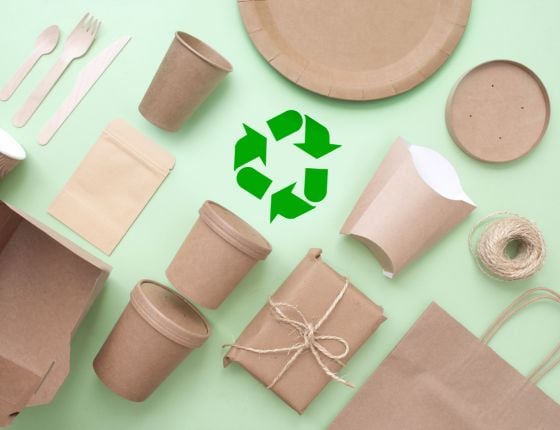 Emballages alimentaires écologiques en papier kraft, incluant des assiettes, gobelets, couverts et sacs recyclables, avec un symbole de recyclage vert au centre, sur un fond vert clair