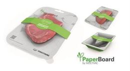 Emballage éco-responsable pour viande fraîche avec étiquette verte, signé PaperBoard.
