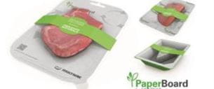 Emballage éco-responsable pour viande fraîche avec étiquette verte, signé PaperBoard.