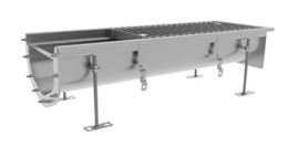 Stainless steel industrial equipment with tank and grid, used for food processing or transformation