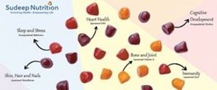 Assortiment de gummies colorés illustrant les bienfaits santé : cœur, immunité, sommeil, peau et développement cognitif