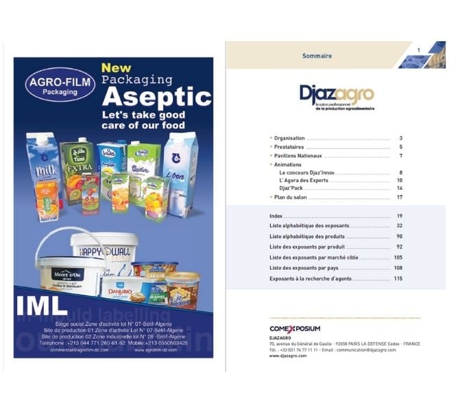 Advertisement for Agro-Film showcasing aseptic packaging for food products, alongside a table of contents from the Djazagro guide listing different sections of the agro-food trade show.