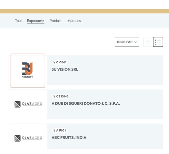 Screenshot of the Djazagro online platform displaying a list of exhibitors, including their names, locations, and company logos.