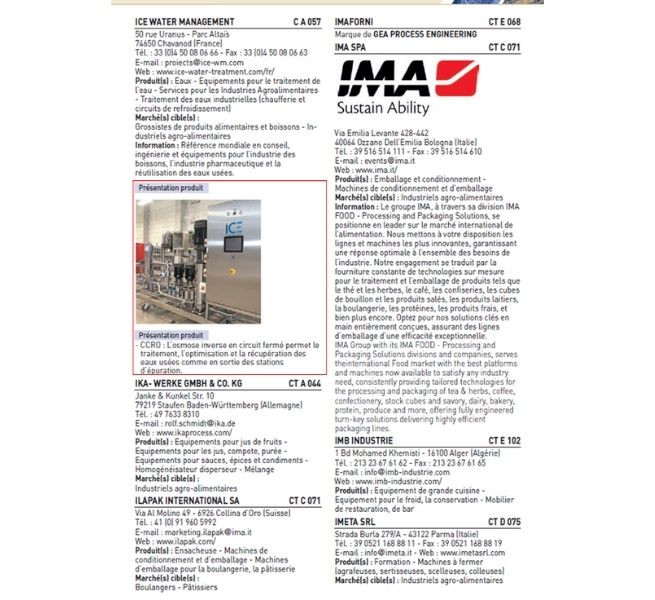 Page imprimée du catalogue des exposants du salon Djazagro, listant les entreprises participantes avec leurs coordonnées, descriptions et images de produits.